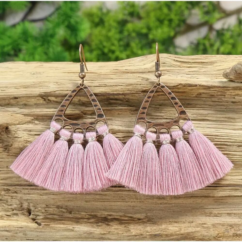 NEW Pink BOHO Tassel Earrings, Frayed Tassel Dangle Earrings